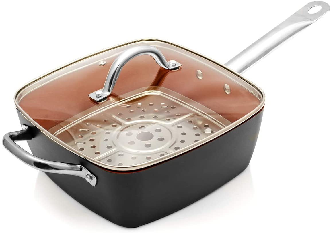 Ovente 9 Inch Square Stock Pot with Glass Lid & Induction Plate, Non