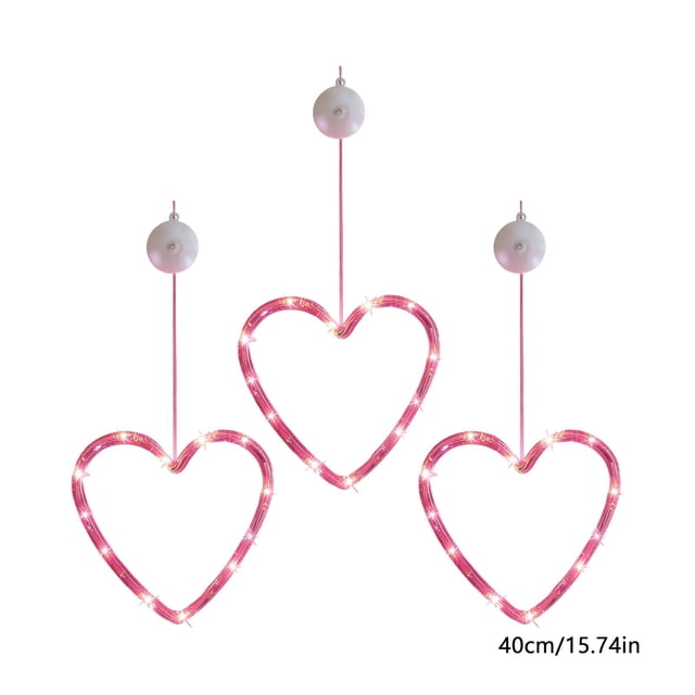 Cortina de Luces LED con Corazones Rosados, Juego de 3, Operadas con Batería, Decoración Colgante con Ventosas para Bodas, Proposiciones, Fiestas, Decoración Interior y Exterior, 20x20cm