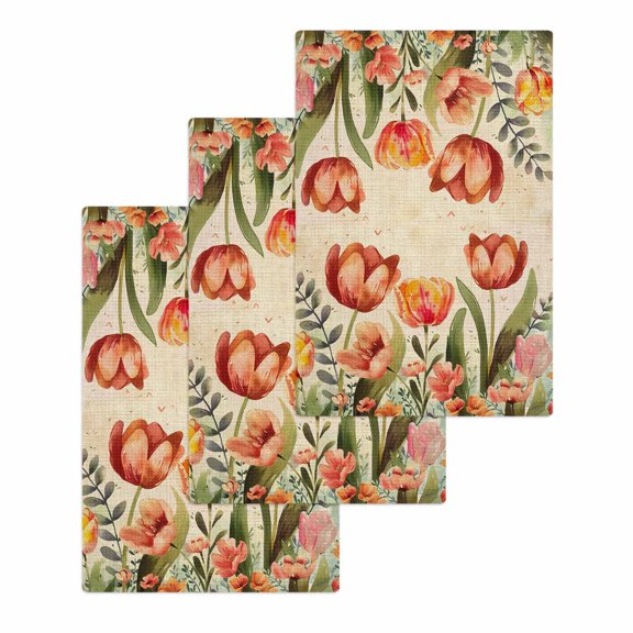 Burnt Orange Spring Floral Kitchen Dish Towels for Drying Dishes Set of 3, Summer Botanical Tulip Vintage Waffle Weave Microfiber Hand Tea Bathroom Towels Quick Dry & Absorbent Towel 15.7x23.6