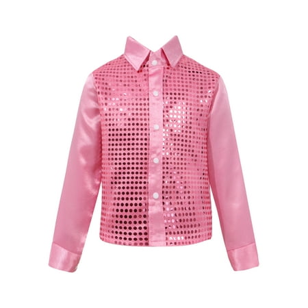 YEAHDOR Kids Boys Sparkly Sequins Lapel Collar Shirt Long Sleeve Tops for Jazz Latin Dance Performance Pink 110