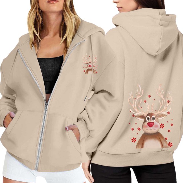 WILLBEST Sudadera Deportiva para Mujer Ladies' Christmas Printed Zipper Long Sleeved Pocket Adjuststring Casual Hooded Sweatshirt 2044 Grande