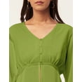 thumbnail image 4 of Moomaya Solid Cinched Waist Top, V-Neck Front Slit Buttoned Georgette Top, 4 of 8