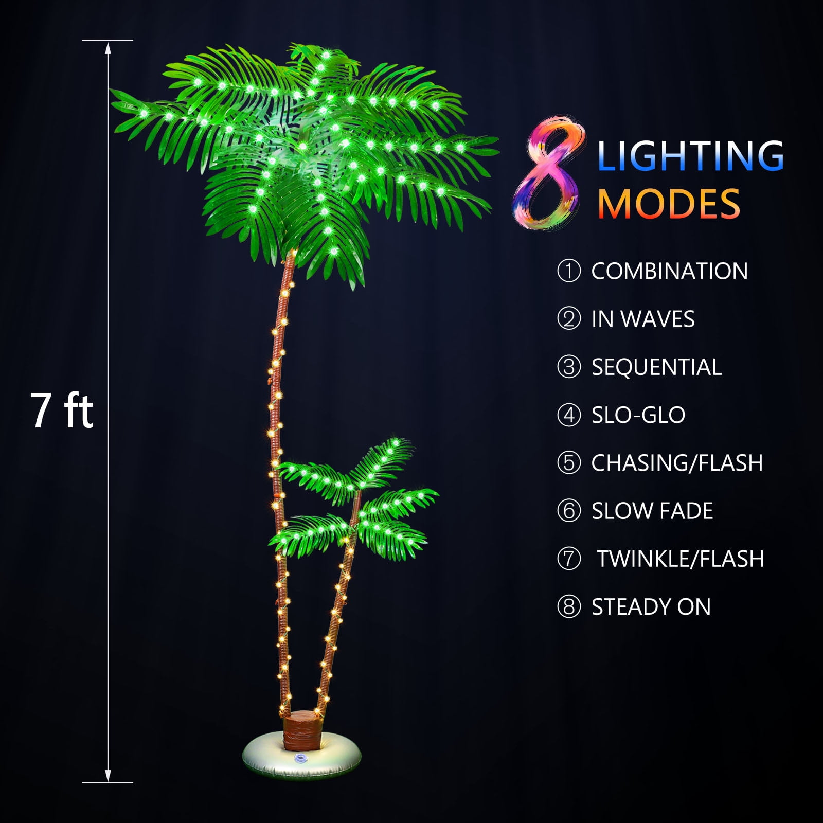 Outdoor Solar 8ft Double Palm Tree LED Lights Waterproof Patio Decor with Remote, Weighted Base for Yard, Poolside, Tropical Party