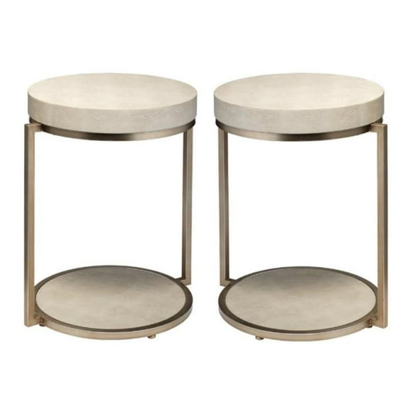 Home Square Round Metal & Faux Shagreen Side Table in Ivory & Brass - Set of 2