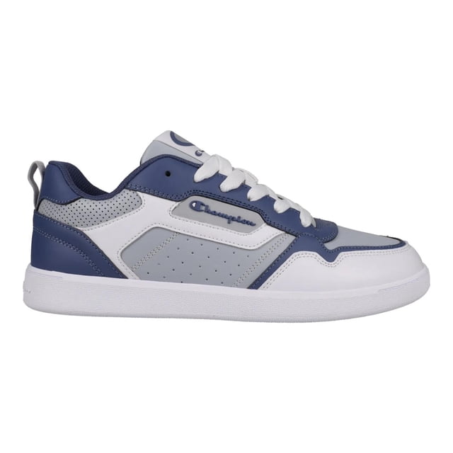 tenis champion lore para hombre. ca02567430 gris 26 vista lateral derecha de tenis casual gris con paneles azul marino y blanco; parte superior sintética con perforaciones en el costado, logo Champion en relieve, cierre con cordones blancos y suela blanca baja, ideal para uso diario y caminar.