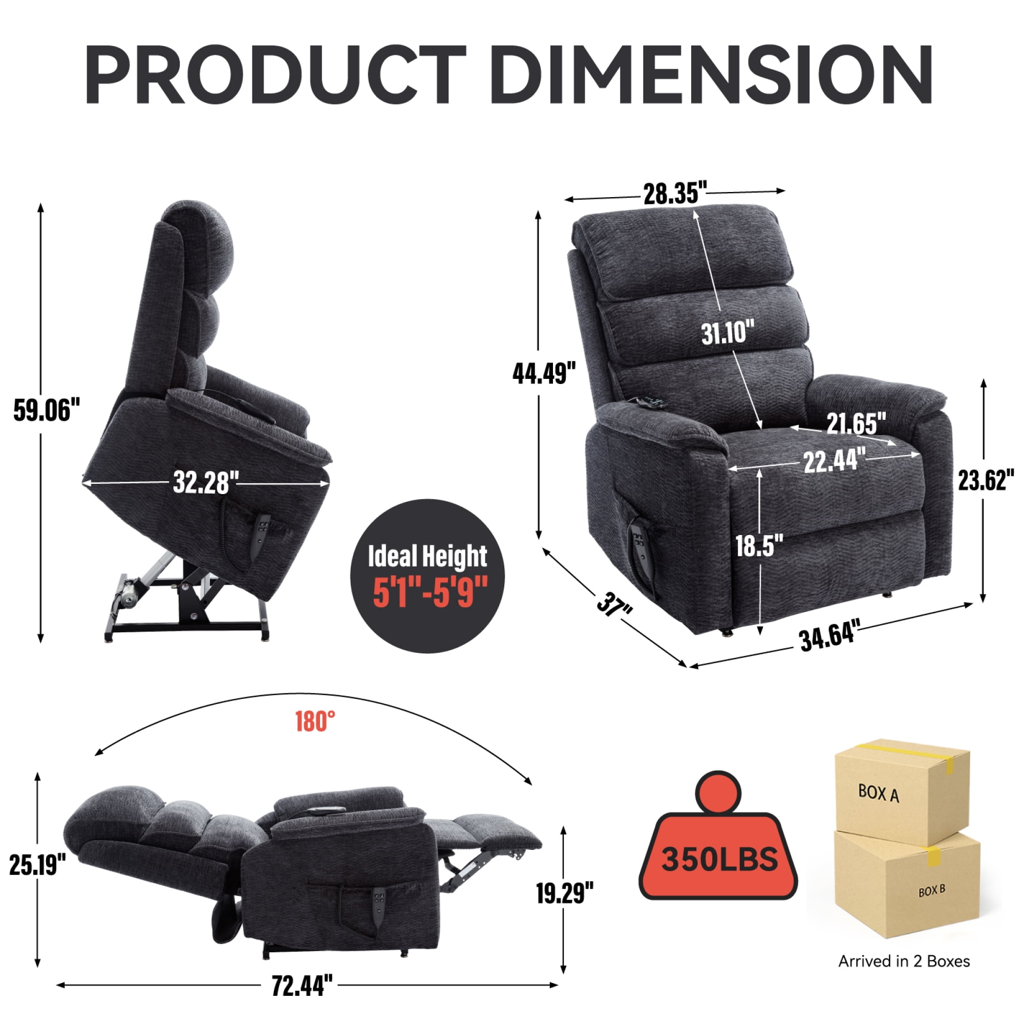 Power Lift Recliner Chair for Elderly, Large Chenille Recliner Chair with Massage and Heat, Overstuffed Wide Recliners with Power-Remote, Up to 350 LBS, Grey