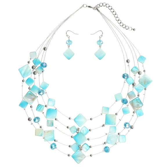 BOCAR 5 Layer Illusion Wire Gradient Color Shell Beaded Statement Necklace for Women (N0021-Lake_Blue)