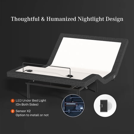 Ergonomic Queen Size Adjustable Bed  Zero Gravity Base for Stress Management w/Head and Foot Incline  Wireless Remote Control  Massage  Under-Bed Nightlight  and USB Ports