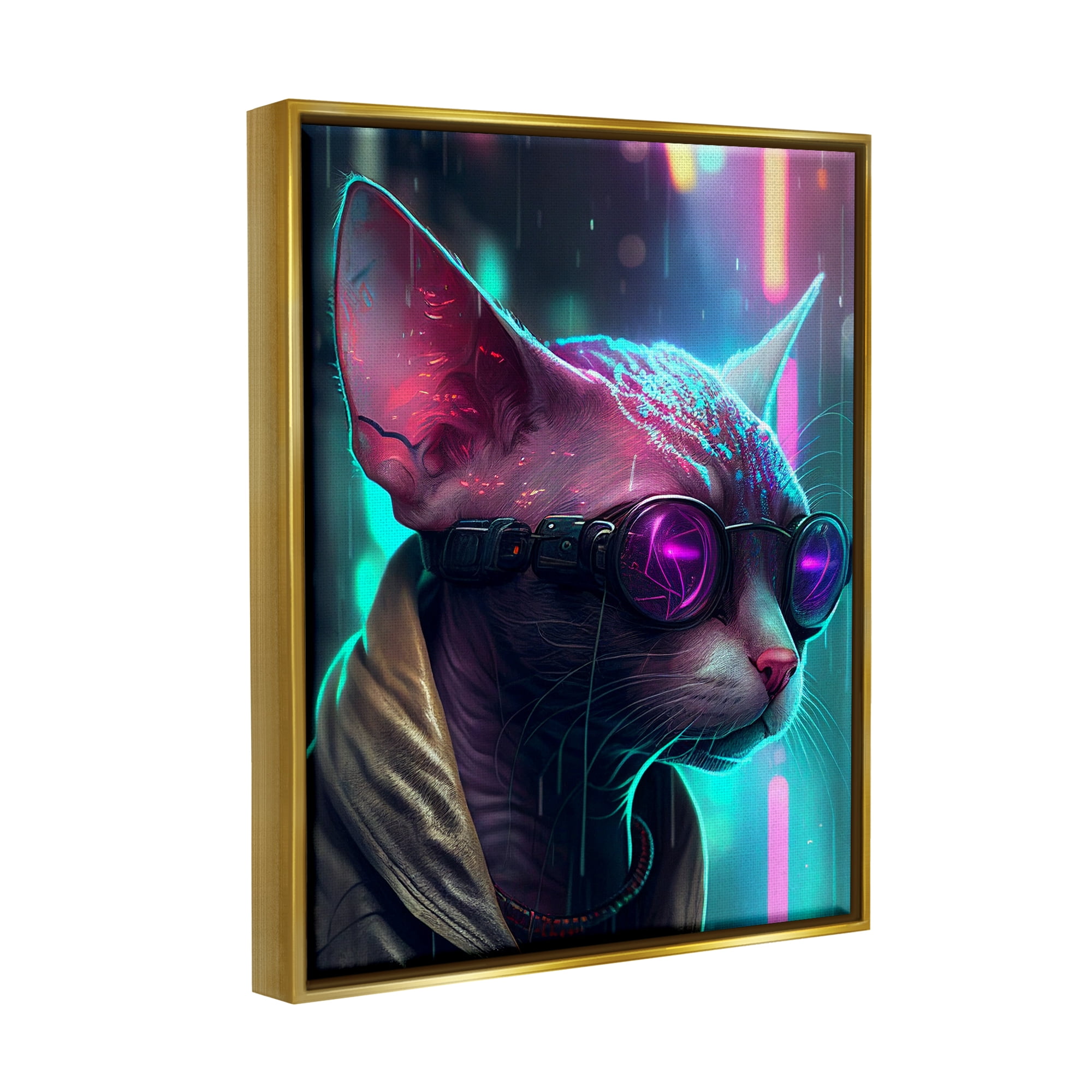 Stupell Industries Sphynx Cat Futuristic Cyber Style Animals & Insects Painting Gold Floater Framed Art Print Wall Art