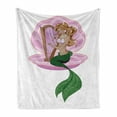 thumbnail image 1 of Mermaid Soft Flannel Fleece Throw Blanket, Little Mermaid with Blonde Hair Playing Harp Fairy Tale Romance Art Illustration, Cozy Plush for Indoor and Outdoor Use, 60" x 80", Pink Green, by Ambesonne, 1 of 6