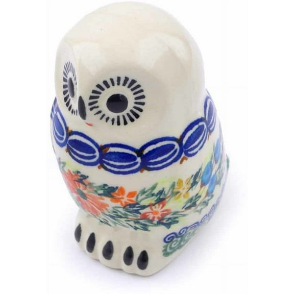 Polish Pottery 3½-inch Owl Figurine (Red Cornflower And Blue Butterflies Theme) Signature UNIKAT Hand Painted in Poland Certificate of Authenticity