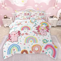 Feelyou Kawaii Pink Axolotl Full Size Comforter Sets for Child, Dreamy Rainbow Print Bedding Comforter Set, Cartoon Donut Dessert Reversible Bedding Sets, Ultra Soft Bedroom Decor, 3 Pieces