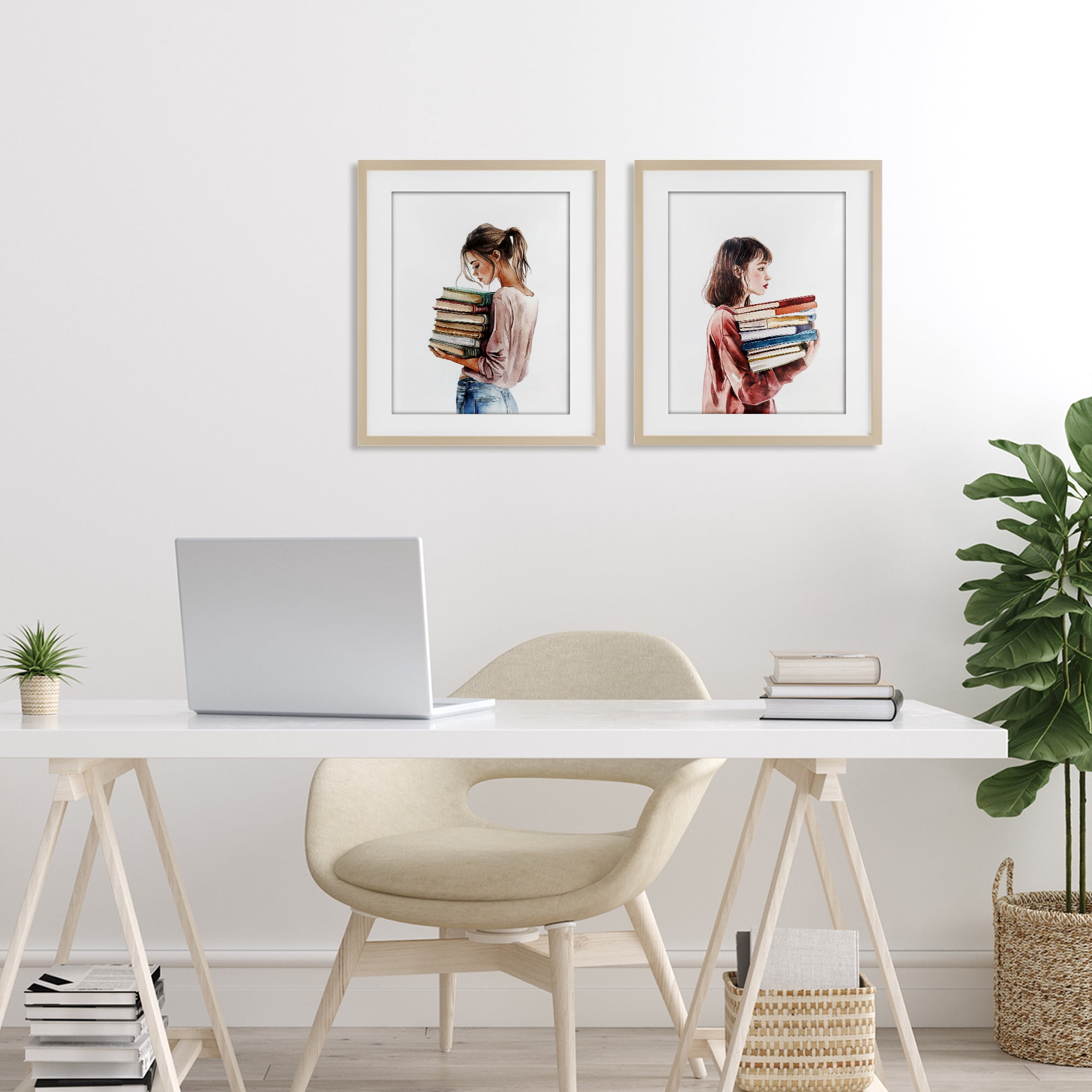 Stupell Industries Girls & Library Book Stacks 2 Piece Birch Framed Print Under Glass Set, design by Svetlana Aleynikova