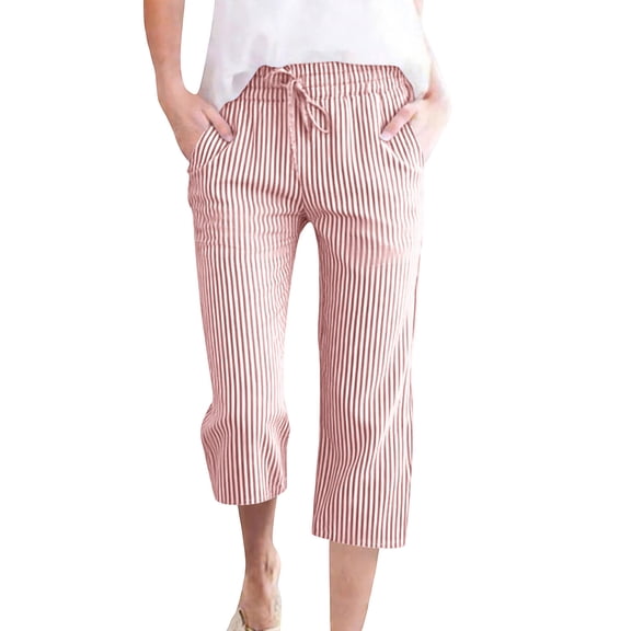 Tnhcen Women's Linen Look Stripe Pants, Drawstring Waist Casual Cropped Trousers, 100% Pre-Shrunk Cotton Loose Fit Seven-Eighth Pants for Women Plus Size S-3XL