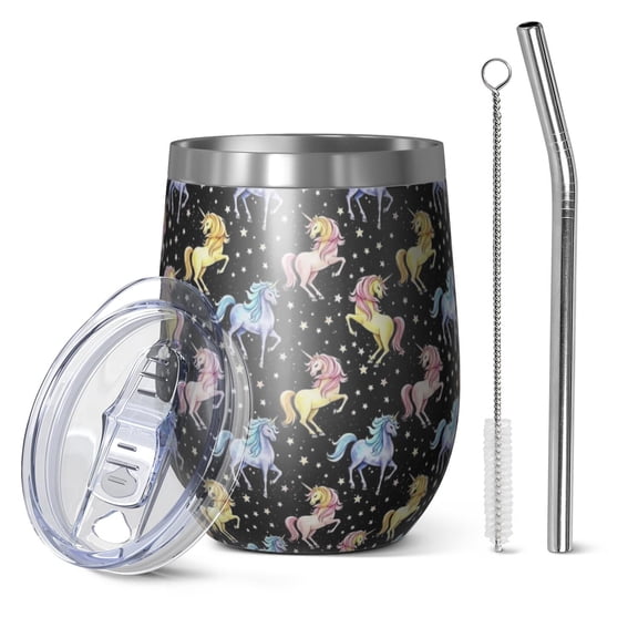 12oz Stemless Wine Tumblers Black Cartoon Colorful Unicorn Pattern Vacuum Insulated Stainless Steel Travel Tumbler Cups Mug with Lid and Straw for Champaign,Cocktail,Beer with Cleaning Brush