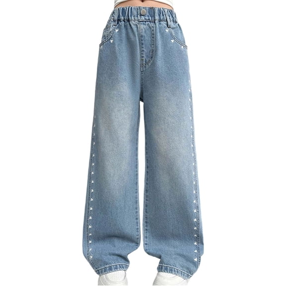 WAYUTE Girls Jeans Denim Pants Wide Leg Trousers with Side Heart Embroidery for Kids Youth Casual School Wear