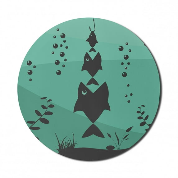 Fishing Mouse Pad for Computers, Big Fish Eats Little Small in Bubbles Underwater Ocean Symbolic Food Theme, Round Non-Slip Thick Rubber Modern Gaming Mousepad, 8" Round, Teal Grey, by Ambesonne