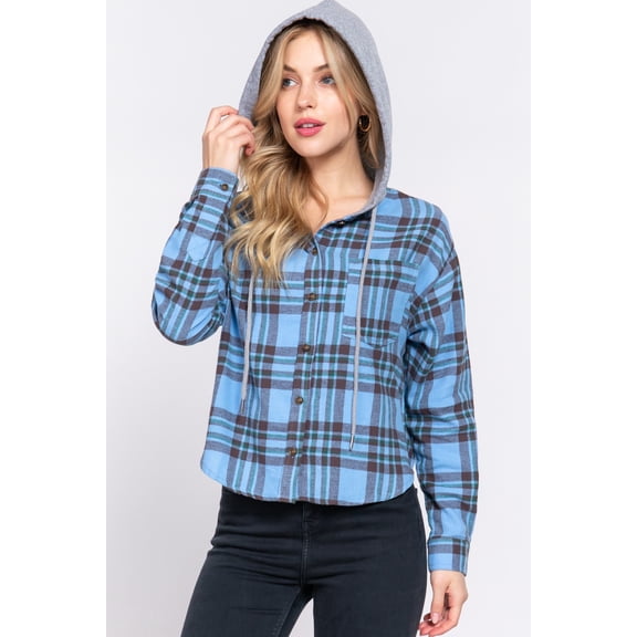(ACTIVE BASIC) Junior Plaid Hoodie Button Down Shirt 100% Cotton Long Sleeve - Blue Medium