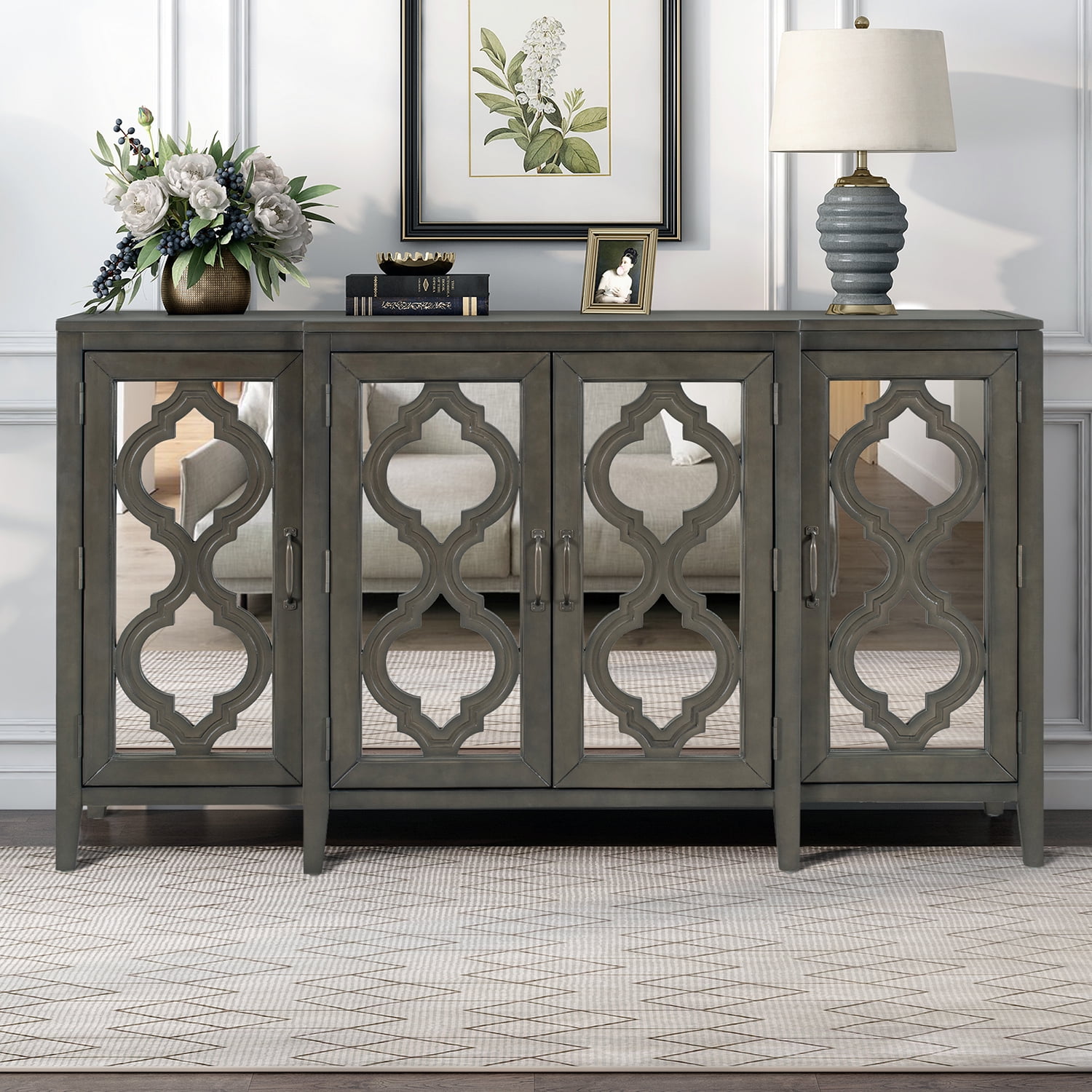 Kadyn 59.8" Modern Mirrored Console Table Sideboard, MDF Buffet Cabinet Sideboard with 4 Cabinets and 3 Adjustable Shelves,Kitchen Storage Cupboard Cabinet for Living Room, Gray