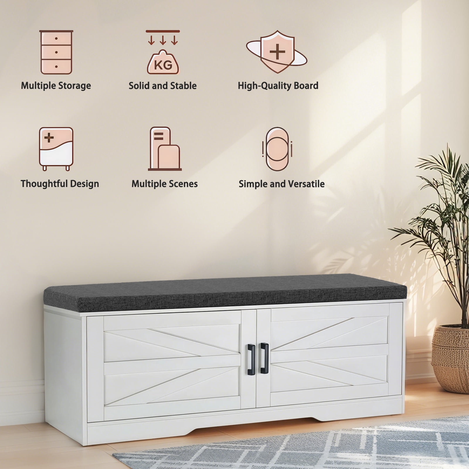 PORKISS Shoe Storage Bench with Cushion and Barn Doors for Entryway, Bedroom, Shoe Rack Bench with 2 Adjustable Shelves, White B