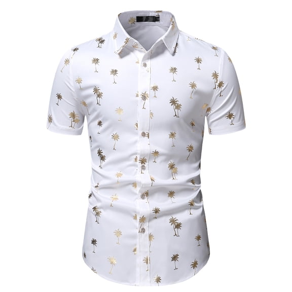 EQWLJWE Workout Shirts for Men's Casual Button Down Shirts Coconut Tree Print Short Sleeve Slim Fit Dress Shirts Wrinkle-Free Stretch Shirts for Home Leisure
