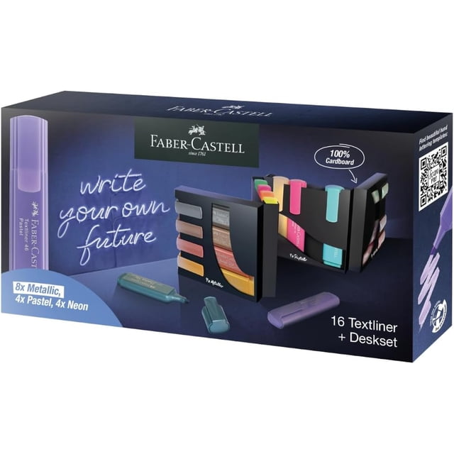 Faber-Castell Textliner Highlighter Pen Metallic, Pastel, Neon Deskset of 16