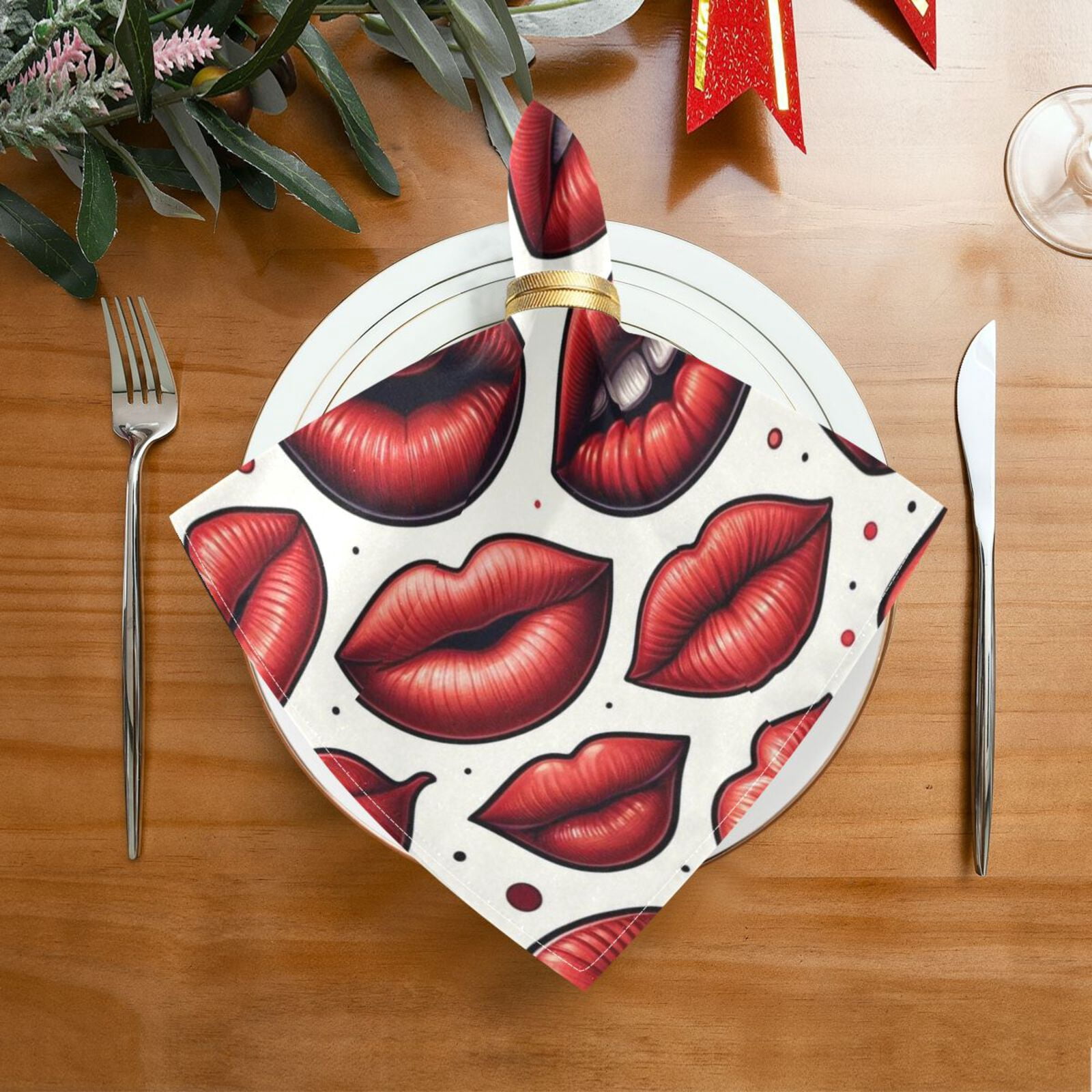 JSTEL Red Lips Polka Dots Cloth Napkins Set of 6, 20x20 Inch Washable and Reusable Napkin for Decoupage Dinner Party Everyday Use