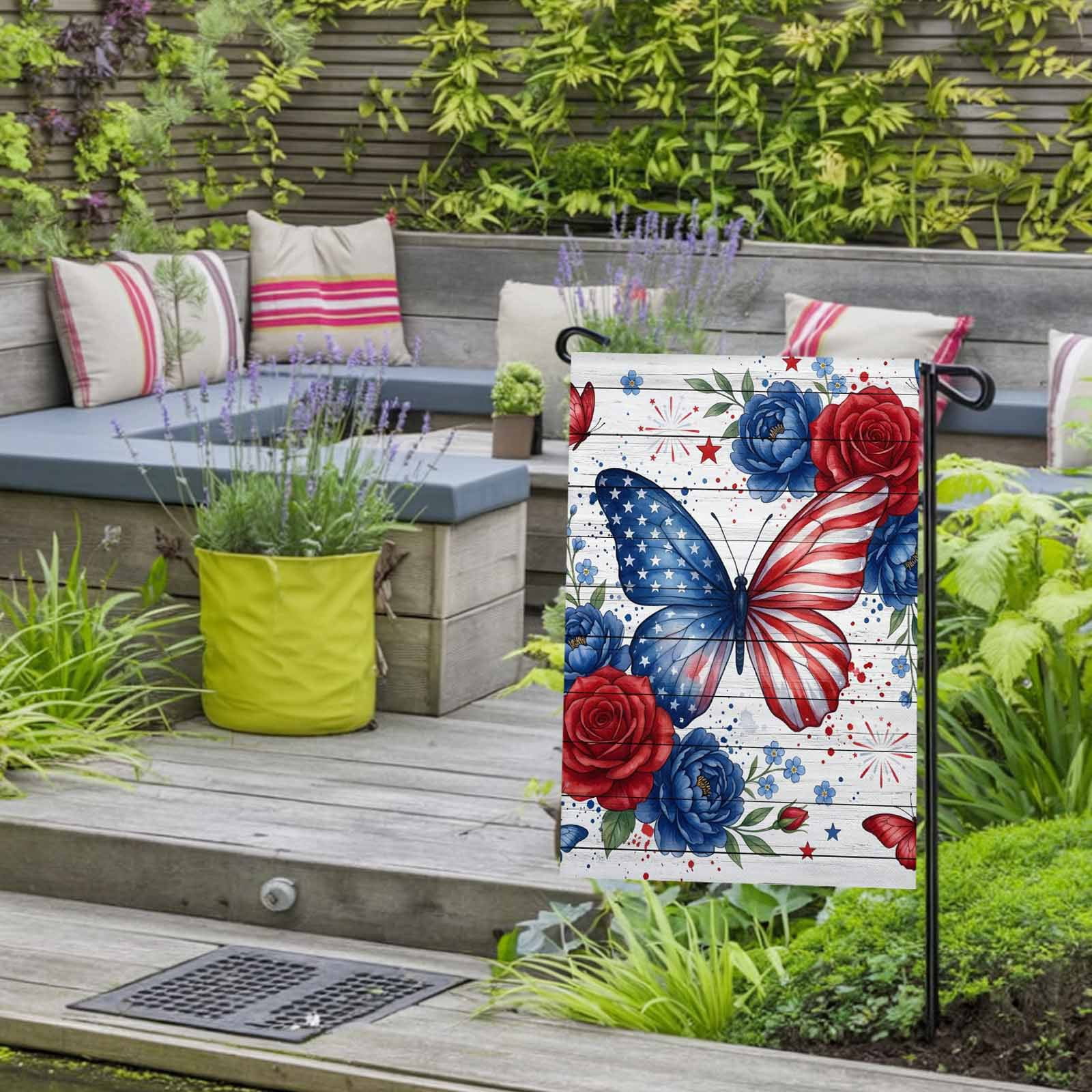 4th of July Garden Flags Red White Blue Butterfly Garden Flag Double Sided Welcome Flag Star Rose Flower Independence Day Yard Flags for Outdoor Lawn Porch Memorial Day Holiday Decor 28x40 Inch
