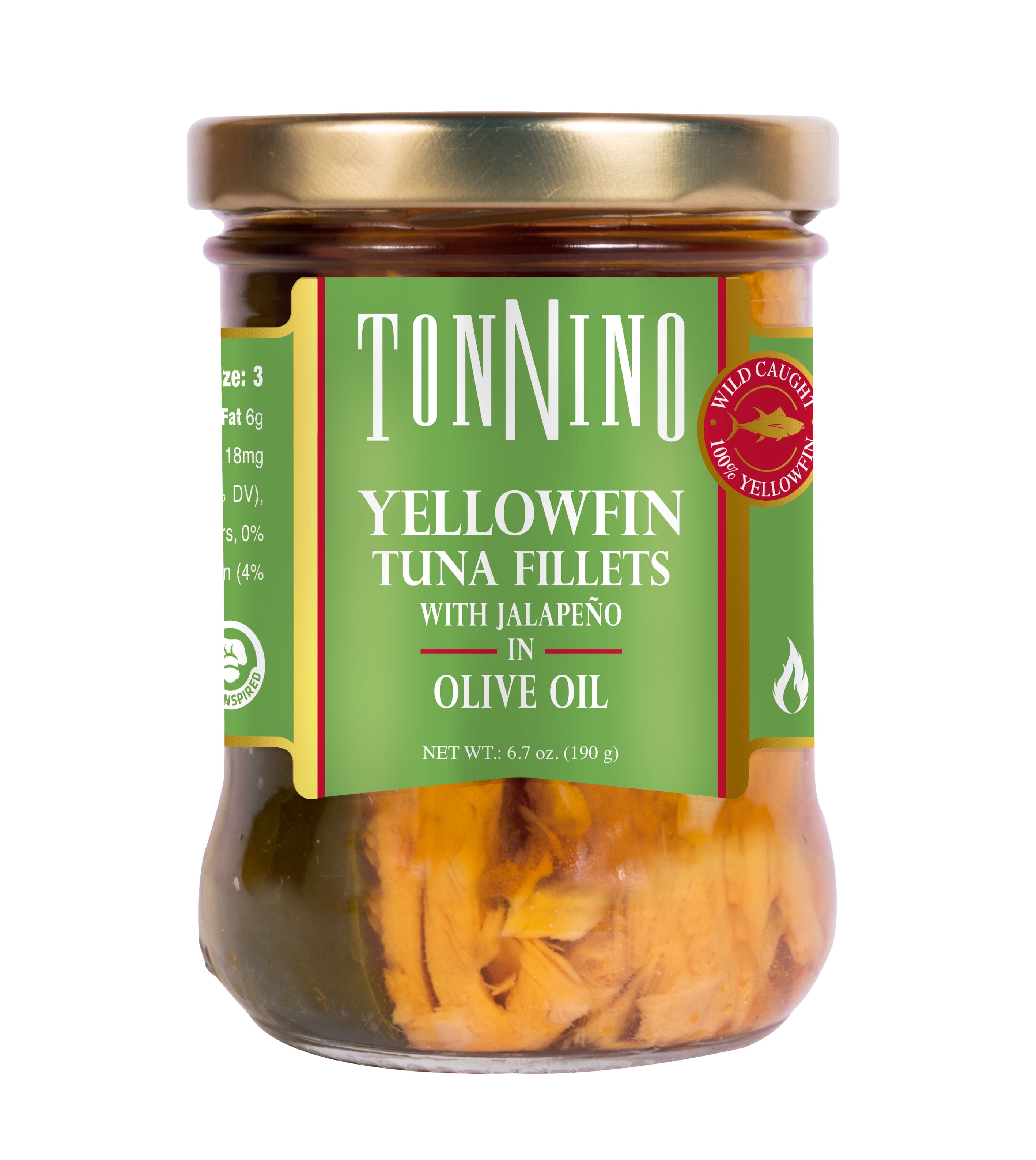 Tonnino Premium Yellowfin Tuna Fillet with Jalapeno in Olive Oil, Wild Caught, 6.7 oz, Jar