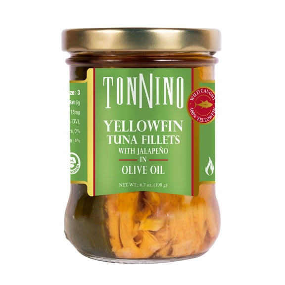 Tonnino Tuna Yellowfin Jarred Premium Tuna Fillet in Olive Oil, Wild Caught, 6.7 oz Jar, Gluten-Free