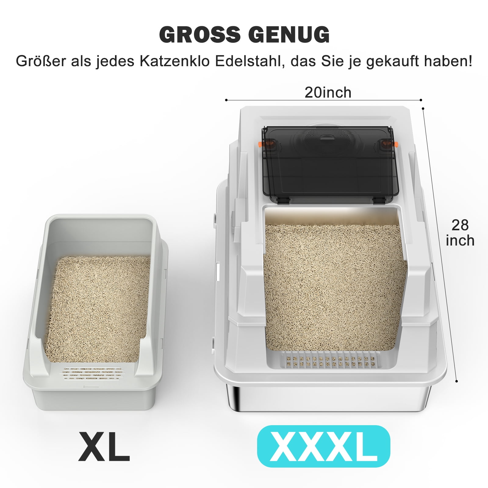 XXXL Cat Litter Box, Giant Enclosed Cat Litter Boxes for Big Cats, Extra Large Litter Box for Multiple Cats, Metal Cat Litter Box with Scoop, Silver Gary