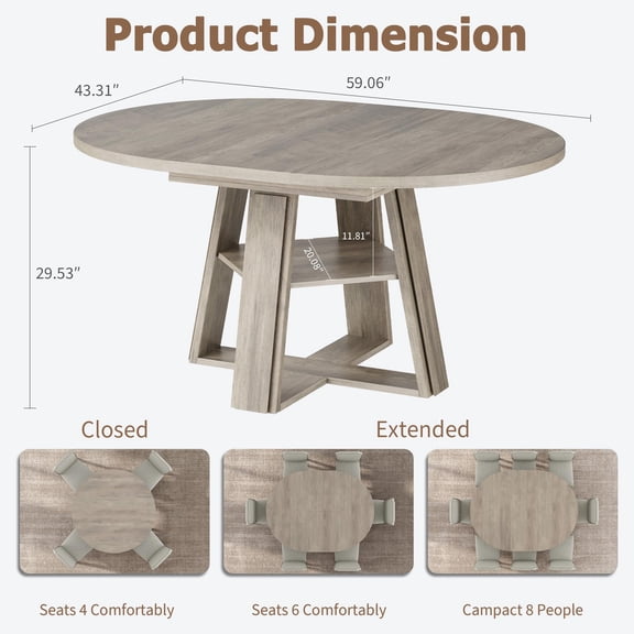 TENSAKEE Extendable Oval Dining Table for 4-8, 43.3-59.06 in., Thick Wooden Pedestal Base & Storage Shelf, Light Ivory Gray