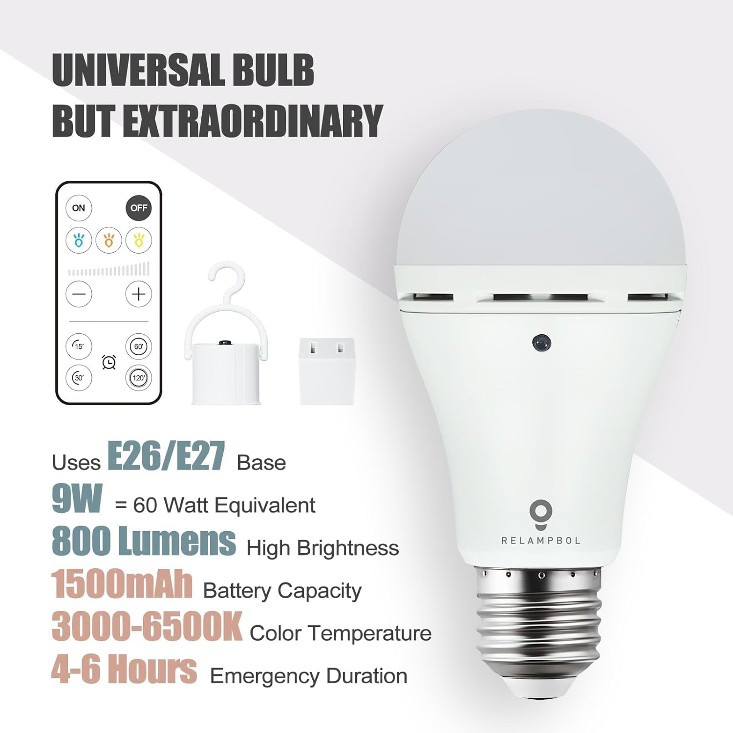 2 Pack Omni Rechargeable Emergency Light Bulbs with Remote, Battery Powered Wireless 3 Color Shift Dimmable A19 Light Bulb 9W 1500mAh Power Outage Blackout LED Bulbs