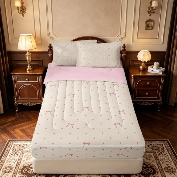 Manfei Cute Coquette Bow Zipper Twin Comforter Sets with Fitted Sheet and 2 Pillowcases,3D Cartoon Bowknot Print Zipper Bedding Set,Pink Reversible,4pcs