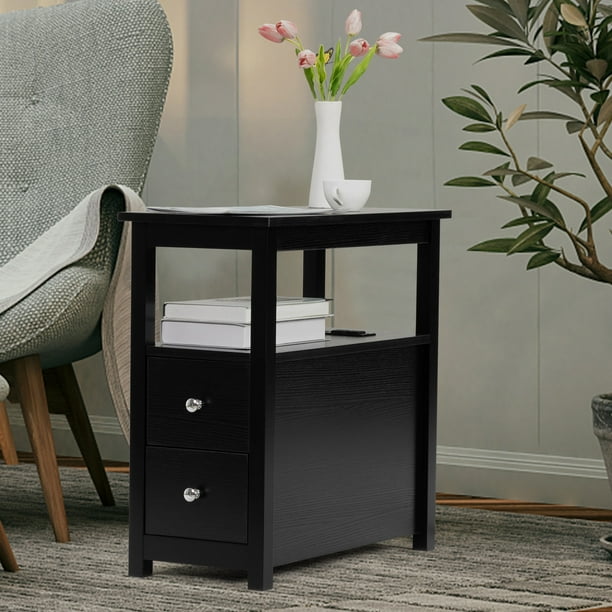 Side Table with Charging Station, End Table with USB Port and 2 Drawers