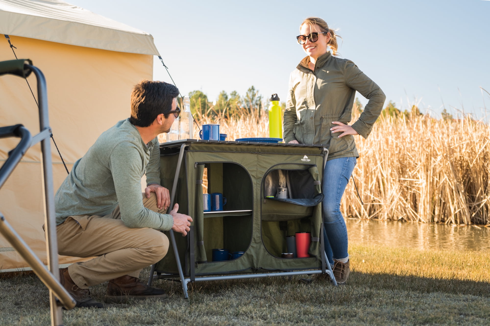 ozark trail camp kitchen cooking stand with three table tops