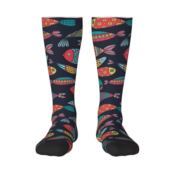Xecao Colorful Fish print thigh-high socks, crafted for both men and women with a stretchy, high-opaque design perfect for daily wear