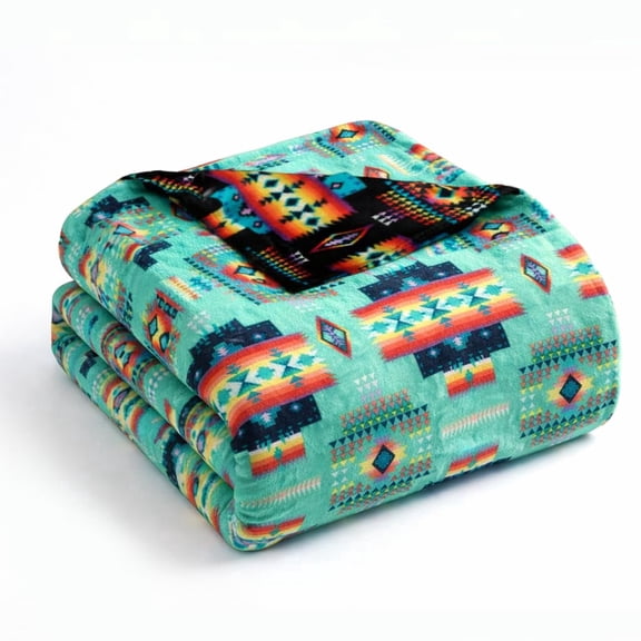 Sacred Thread Fleece Blanket South Western, Reversible Mexican, Vibrant Aztec Blankets and Throws for Aztec Decor for Home (Teal Flannel / Flannel) (Throw (40''x60'')