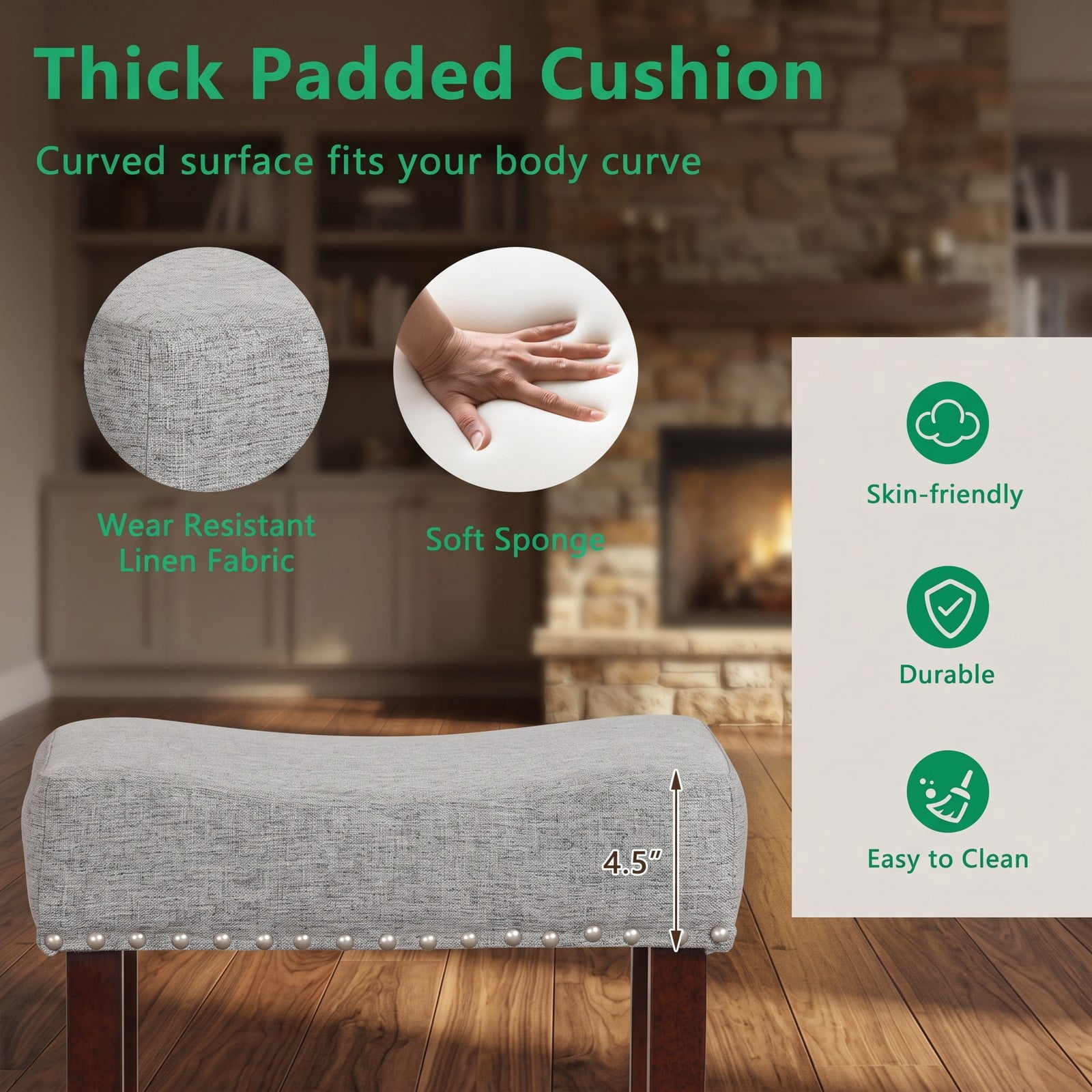 Furnibear Set of 2 25 Inch Backless Bar Stools with Curved Cushioned Seat, Linen Upholstered Counter Height Kitchen Bar Chairs with Rubber Wood Legs and Footrest, Gray