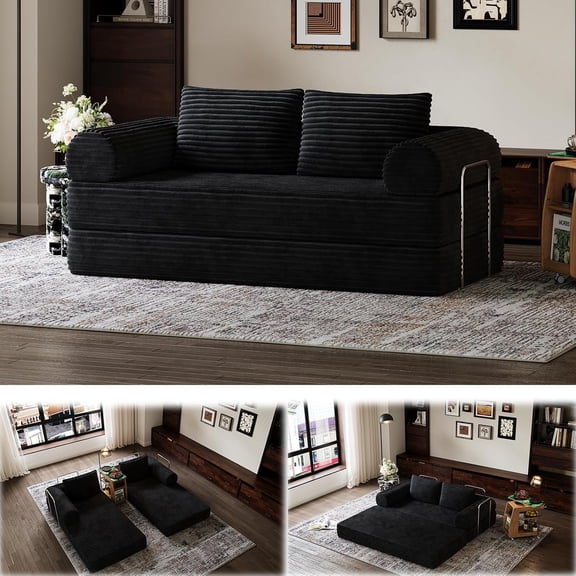 Novilla 75" Convertible Futon Sofa Bed, Boneless Couch with Smarts Coil® Support & High-Density Foam, No Assembly Corduroy Folding Loveseat Floor Sleeper for Living Room, Apartment, Bedroom, Black