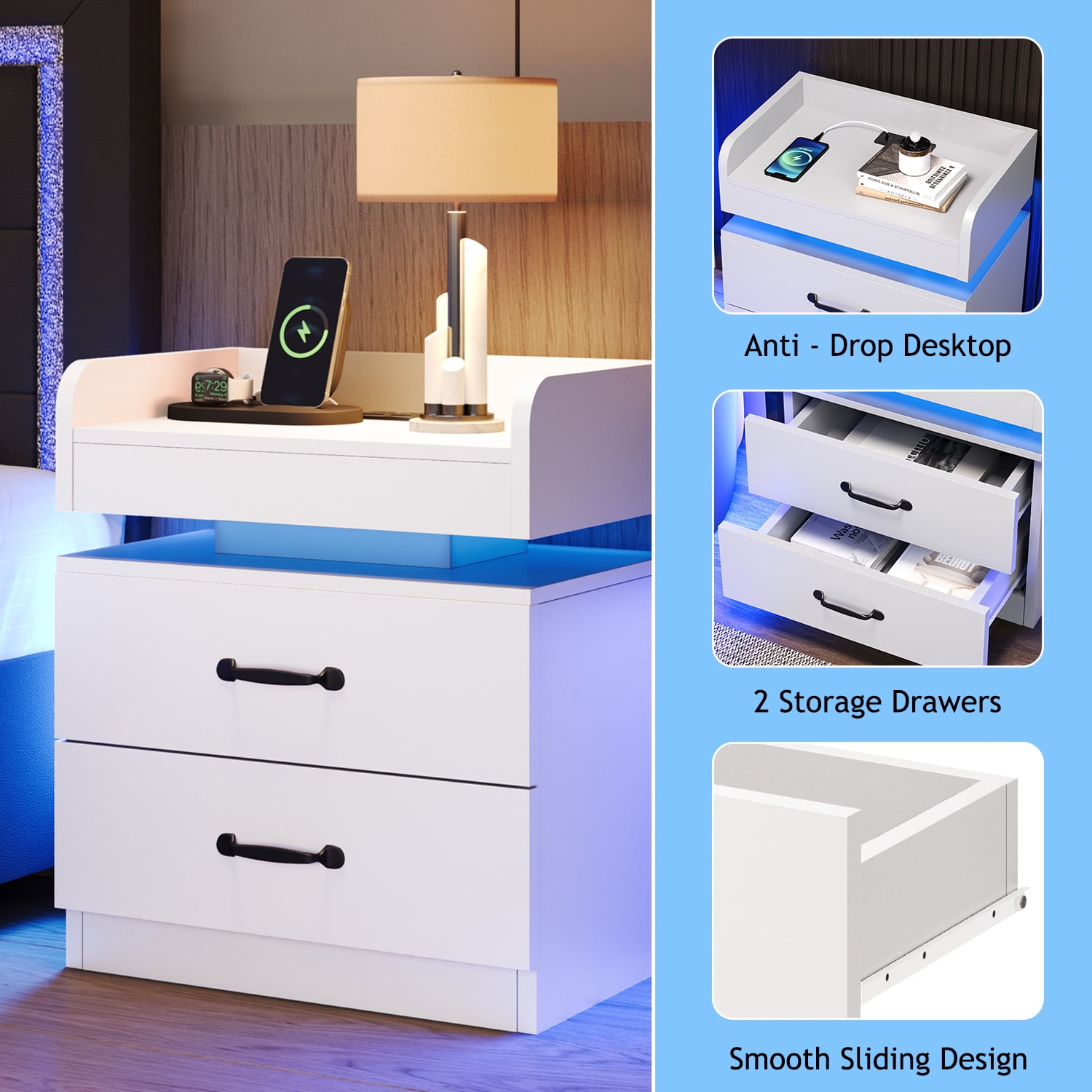 4 EVER WINNER Nightstand Set of 2 with Charging Station, LED Night Stand with 2 Drawers, Modern Beside End Table Side Table for Bedroom Living, White