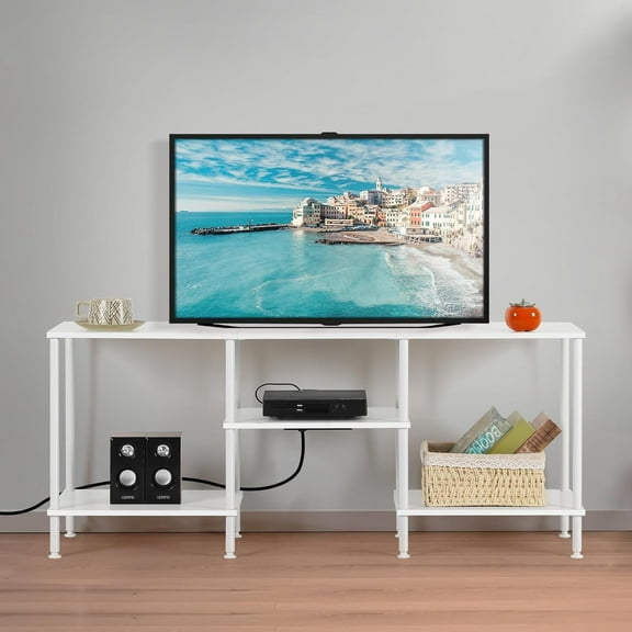 White TV Stand Bedroom with Power Outlets, Small Entertainment Center Stand with Open Storage Shelves for TVs up to 50 Inch, Wood TV Media Console Table with for Living Room, Bedroom