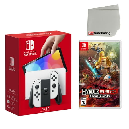 Nintendo Switch OLED Console White with Hyrule Warriors: Age of Calamity and Screen Cleaning Cloth