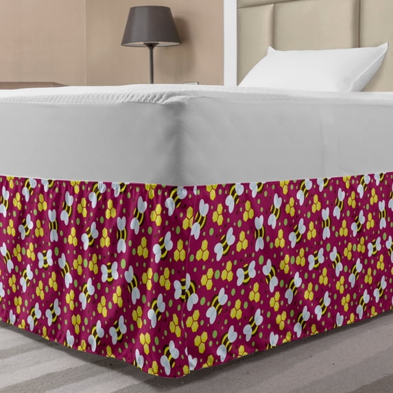 Honey Bee Bed Skirt, Graphical Flying Bugs and Polka Dots, Elastic Bedskirt Dust Ruffle Wrap Around for Bedding Decor, 4 Sizes, Raspberry Yellow, by Ambesonne