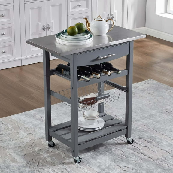 SBYOJLPB Rolling Kitchen Trolley with Metal Basket and Drawer,Mobile Serving Cart for Storage and Organization,Versatile Kitchen Island with Shelves for Daily Use
