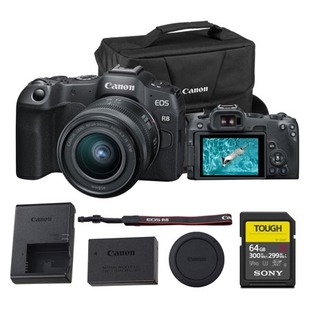 Canon EOS R8 Mirrorless Camera – 24.2MP Full-Frame RF Camera with 4K 60p Video Dual Pixel AF II & Lightweight Design (with 24–50mm Kit) (5803C012) + 64GB Memory Card + Canon Shoulder Bag