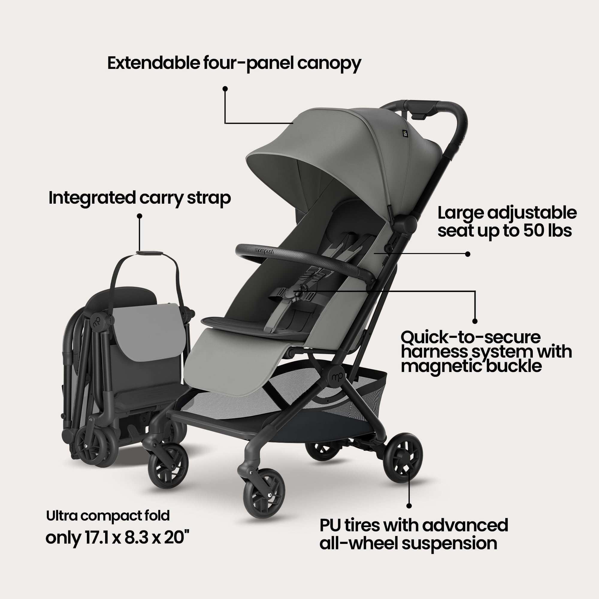 Mompush Velo Lightweight Travel Stroller with Lie-Flat Recline Seat, Airplane Friendly, Gray, 18.8 LB, Unisex