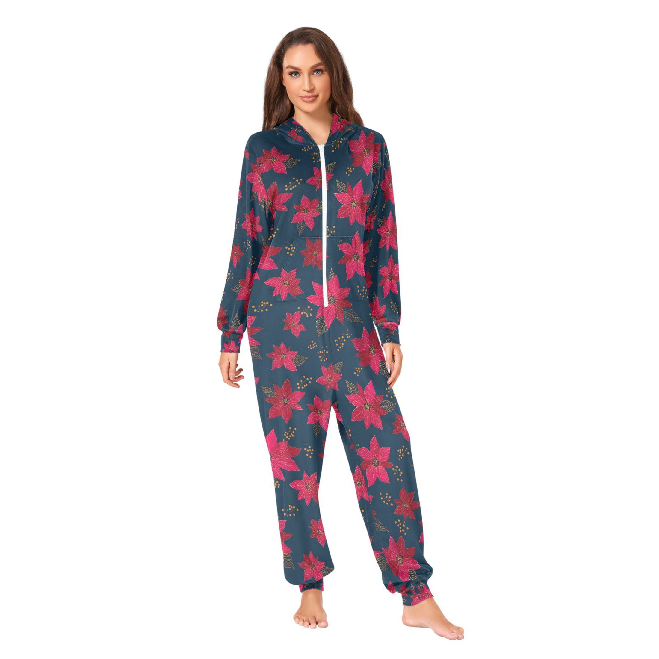 Adult Christmas Onesie Red Flower Adult Zipper One-Piece Pajamas Unisex Pajamas with Pockets