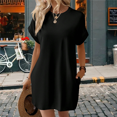 thumbnail image 2 of Solid Color Round Neck Loose Short Sleeve Pocket Dress Black S, 2 of 4