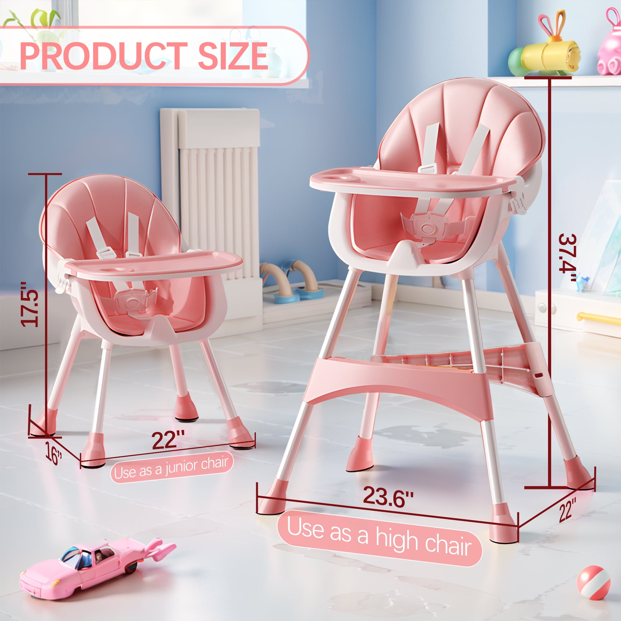 Yadala 3 in 1 High Chair, Convertible High Chairs for Babies and Toddlers with Removable Tray & PU Cushion, Pink